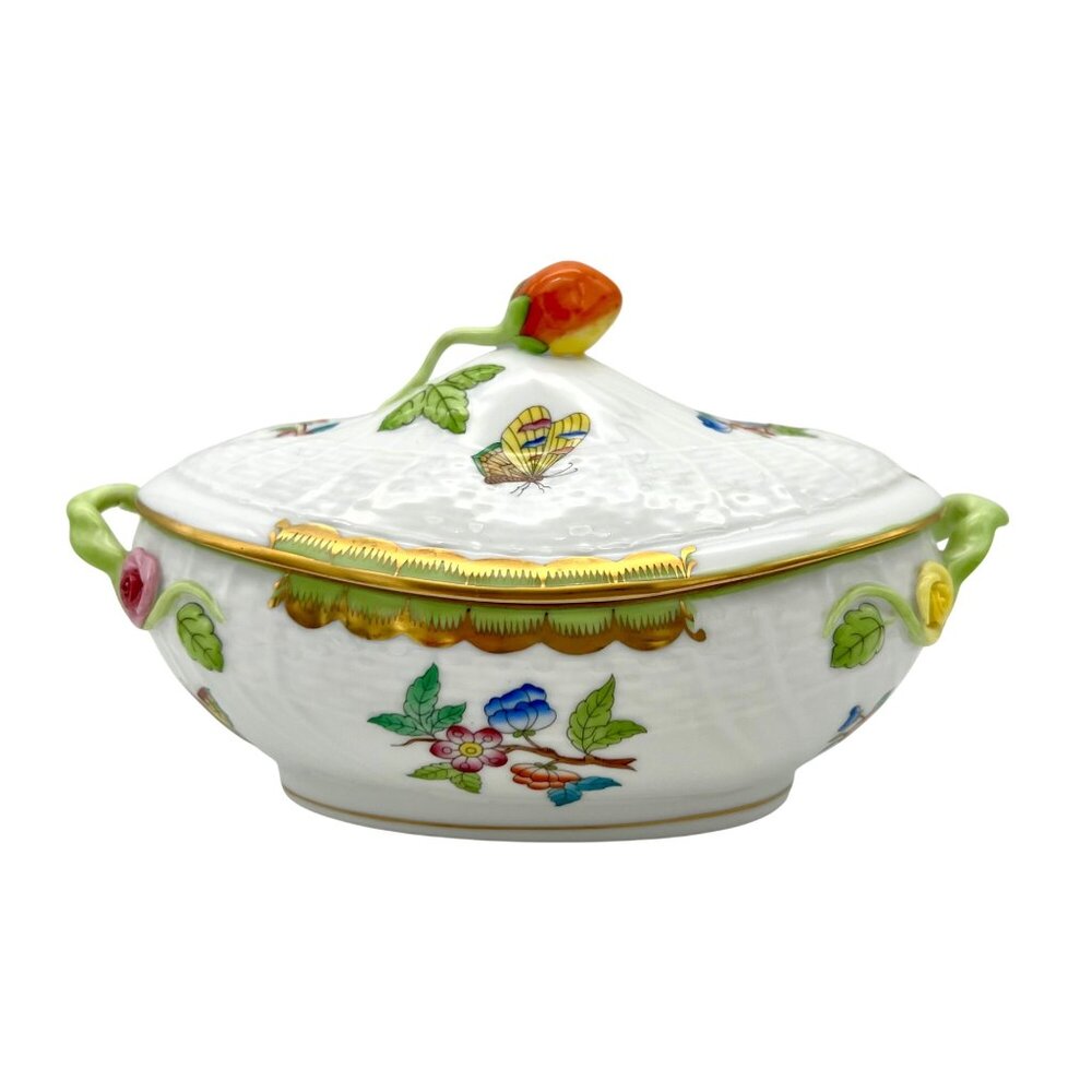 Herend Queen Victoria VBA Sugar Basin Candy Bon Bon Covered Dish Green Border - Picture 5 of 16
